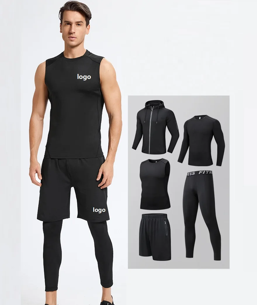 Fitness Wear 90% Polyester 10% Spandex Compression 5PCS Sportswear Workout Clothing Basketball Base Layer Training Wear GYM Set