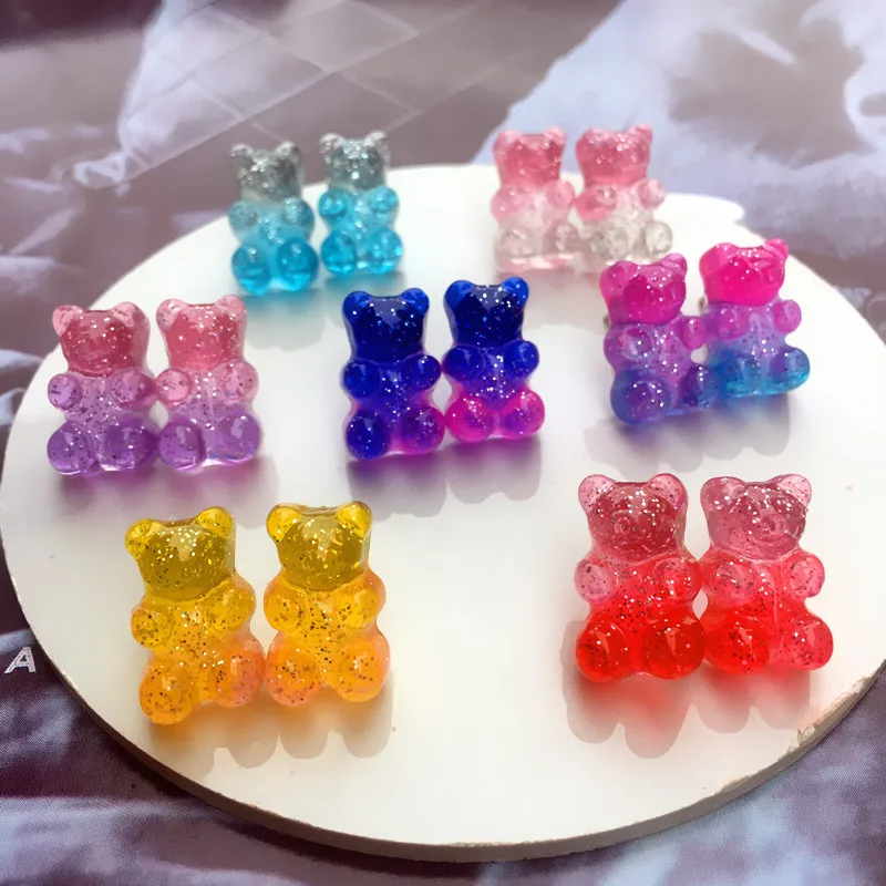 Girls Kids Adorable Resin Gummy Bear Earrings Cute Colorful Animal Teddy Jelly Bear Stud Earrings For Ladies