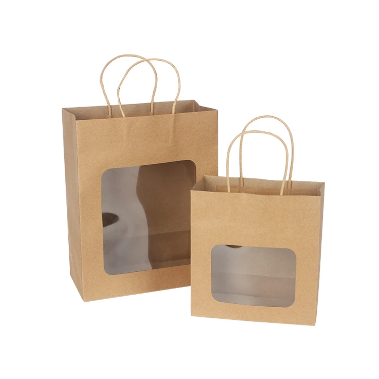 LOKYO Wholesale takeaway brown paper bag flat bottom paper bag bolsa de papel transparent window paper bag with cup holder