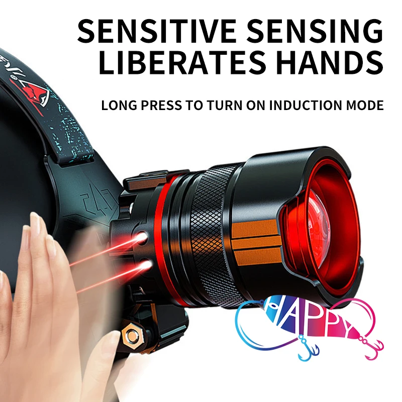 New Rechargeable Zoom Emergency Light Sensor Head Mounted Night Fishing Light Long Endurance Super Bright Headlamp Telescoping