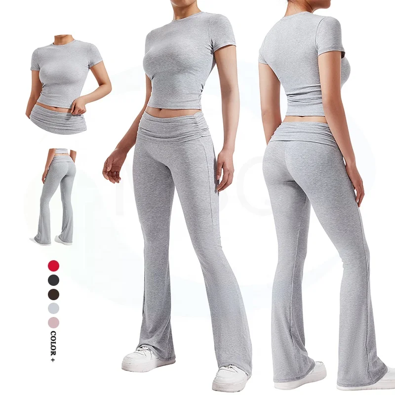 Seamless Short Sleeve Crop Tank Top Flared Pants Leggings Gym Fitness Sport Activewear Yoga Workout Clothes Sets For Women