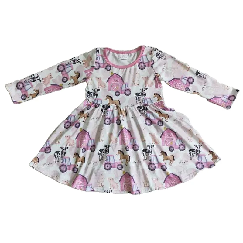 RTS New Arrivals Wholesale Clothing Kids Short Sleeve White Pink Horses House Dresses Baby Kids Print Dress Children Daily Wear