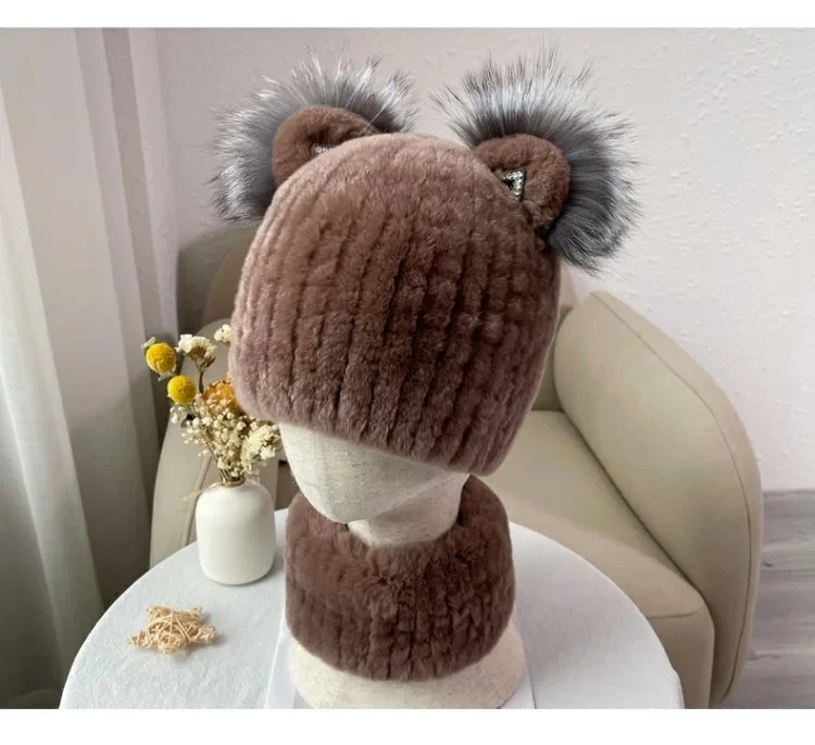 CX-C-97C Lady Boutique Outfit Hand Knitted Rex Rabbit Fur Women Winter Beanie Hat and Scarf Set
