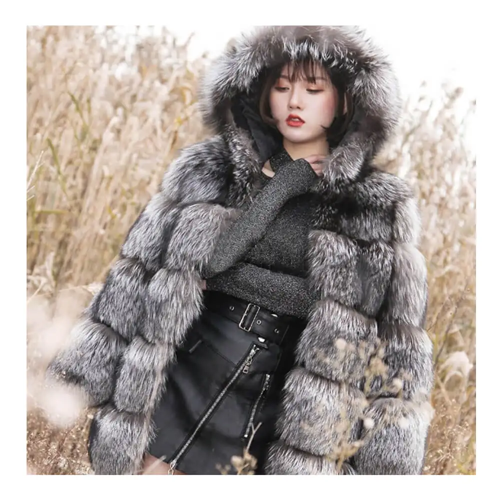 Womens Luxury Real Fox Fur Jacket Fashion Women Outdoor Winter Coat Genuine Fur Hooded Coat With Fur Hood