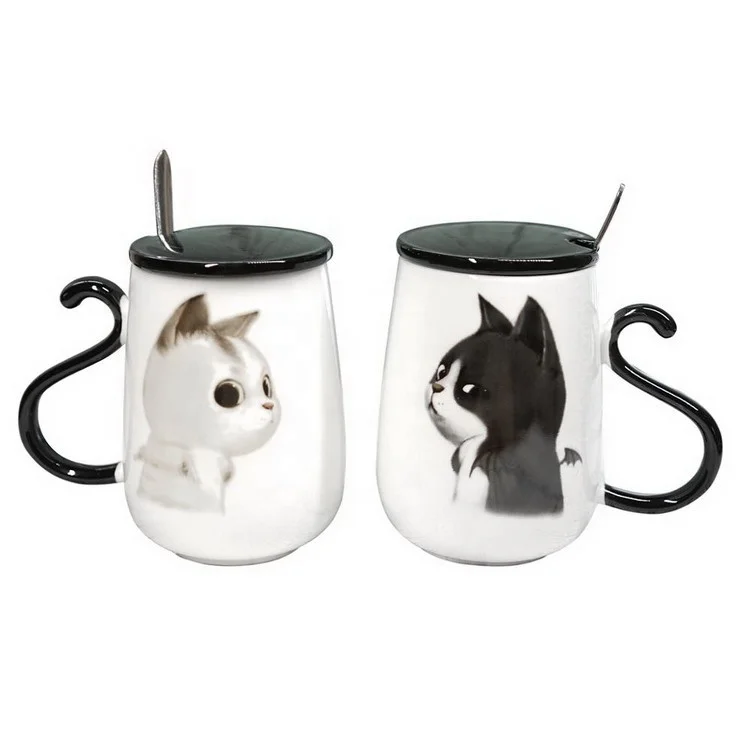 lovely 470ml white cartoon cat lovers couples ceramic mug with black tail handle lid and spoon