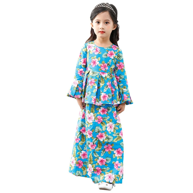 Kids Muslim Clothing Girls Long-sleeved Flowers Long Muslim Dress Children Islamic Clothes