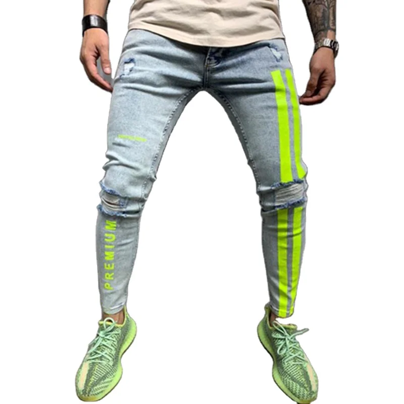 Джинсы мужские рваные в стиле хип-хоп, узкие эластичные брюки-джоггеры из денима с принтом в полоску, уличная одежда