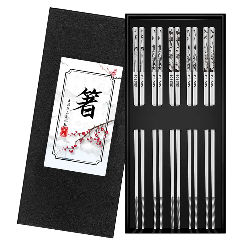 Metal Chopsticks Reusable  Stainless Steel Chopsticks Dishwasher Safe Cute Laser Engraved Non-slip Japanese Korean Chopstick