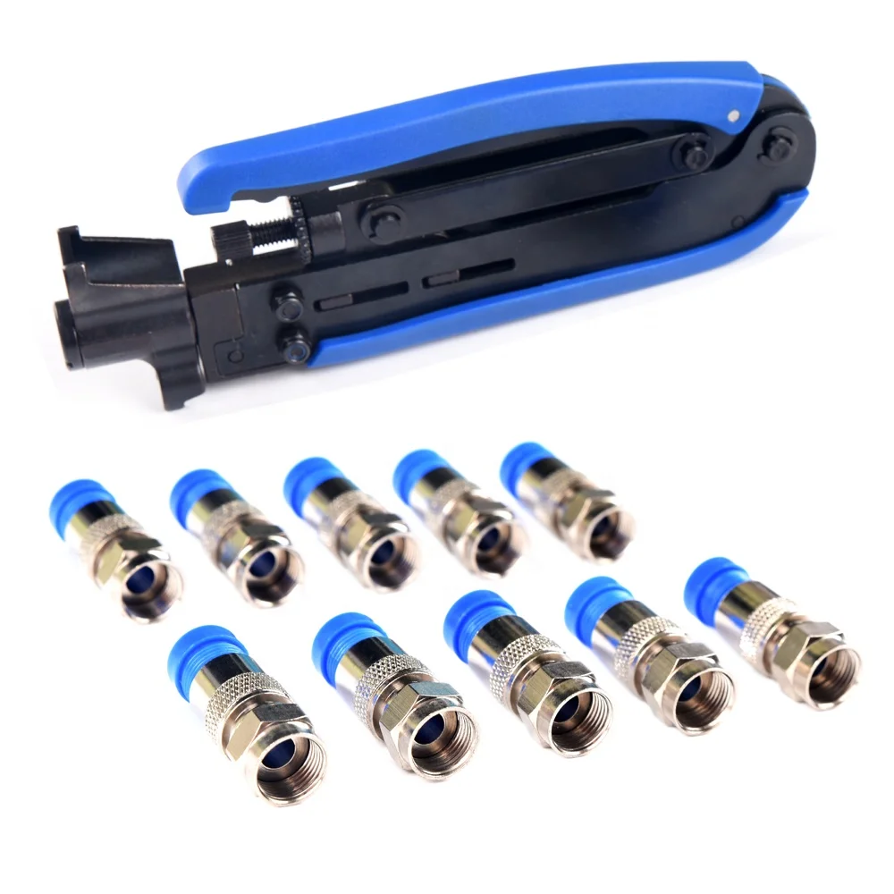 Coaxial cable RG6 RG59 RG7 RG11 Crimping Handle compression tool Kit Set with 10pcs Brass F Connectors