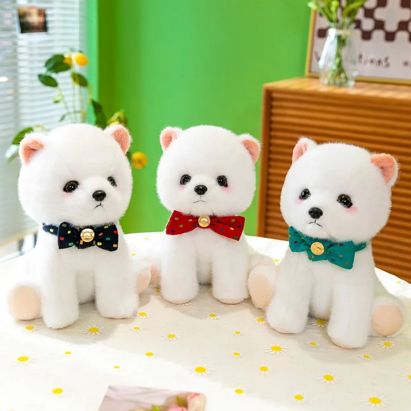 DH3174 Free Sample Realistic White Pomeranian Little Puppies Husky Shiba Corgi Dog Pome Stuffed Animal Plush Toy With Bow