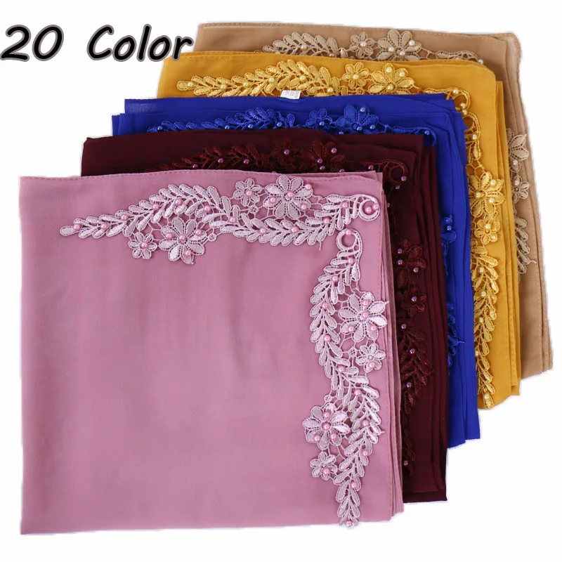 2021 Fashion Custom Plain Scarves Shawls Muslim Embroidery Pearl Chiffon Scarf Women Hijab