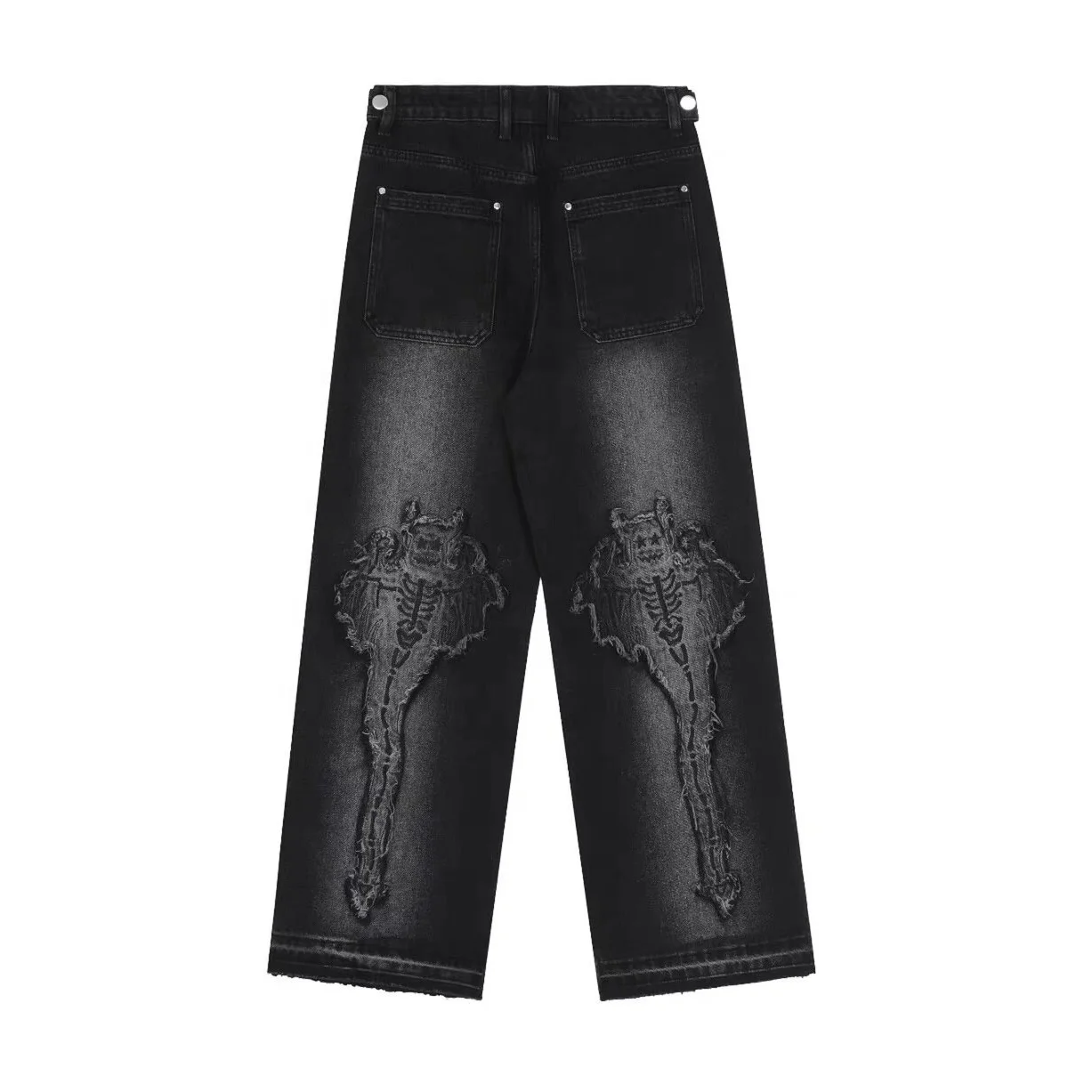 Streetwear Mans Washed Baggy Jeans Back Bat Embroidery Patches Sun Fade Denim Pants For Women