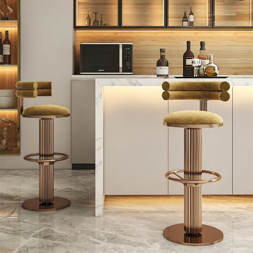 meta foot Pedal wooden Golden Polished Stainless Steel Structure High back Bar chair wine stool upholstered velvet fabric seater