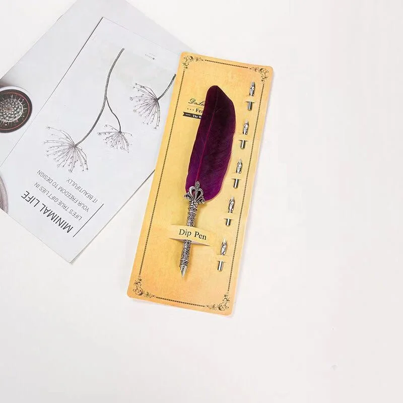 Creative Retro Feather Quill Pen Owl Feather Writing Dip Pen Hand Craft Copper Metal Pen with 5 Replaceable Nibs