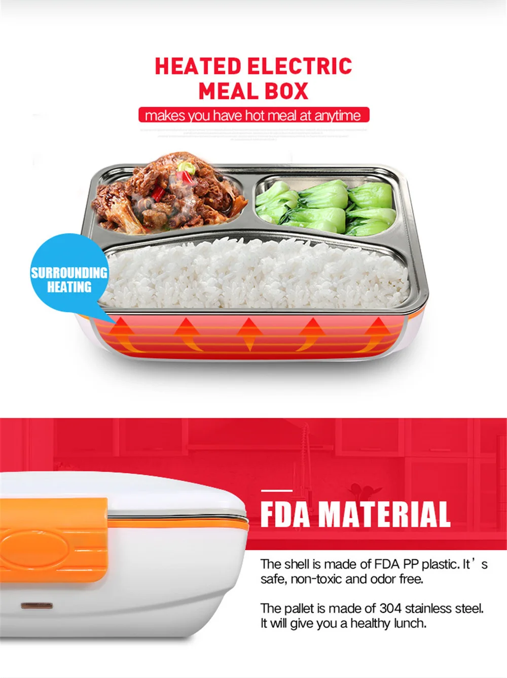 12V Car Plug Electric Heating Lunch Box Food Heater Portable Bento Box Office Home Food Warmer With Removable Container Spoon