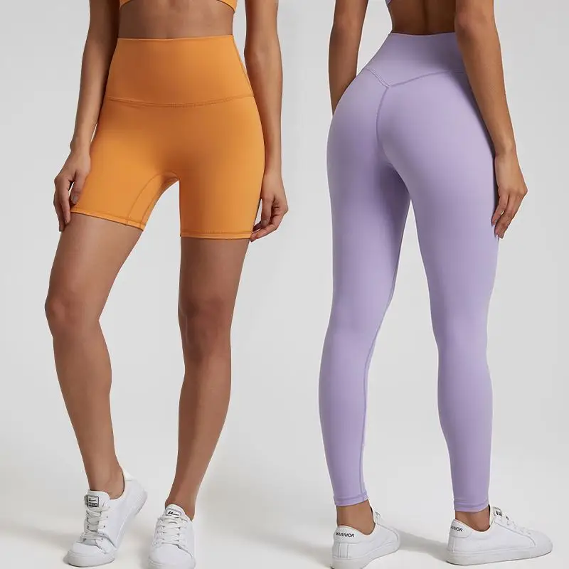 Premium 68 Nylon 32 Spandex  V-Back Seam Gym Yoga Biker Shorts High Waist Breathable Peach Hip Activewear Gym Leggings for Women