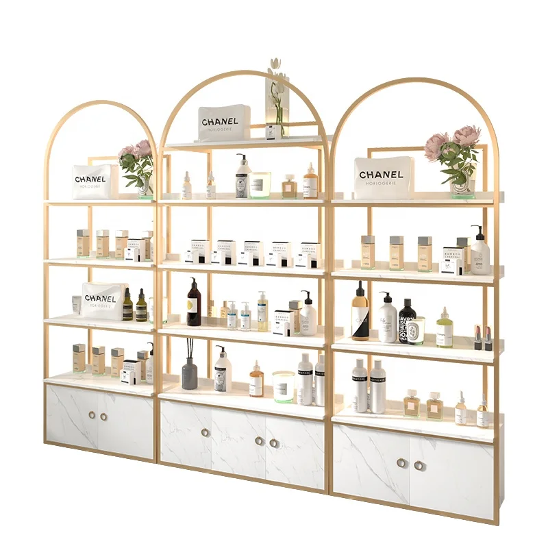 Customized beauty salon cosmetics display cabinet skincare products bag shelf light luxury nail salon floor standing shelf with