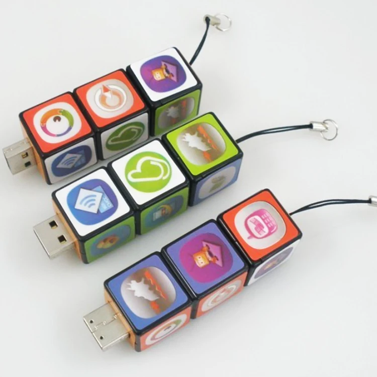 Plastic Cube USB Flash Drive Sticker Logo Pendrive Flashdisk with Key Chain Memoria USB 4GB 8GB 16GB 32GB
