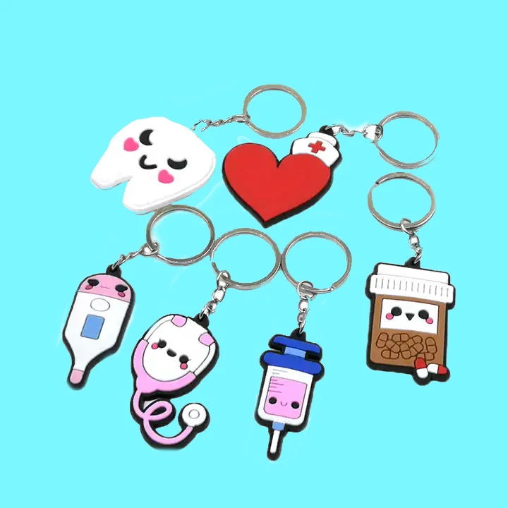 Custom 3D silicone customised soft PVC rubber keyholder kawaii cute medicine cartoon keyring medical nurse week gift keychains