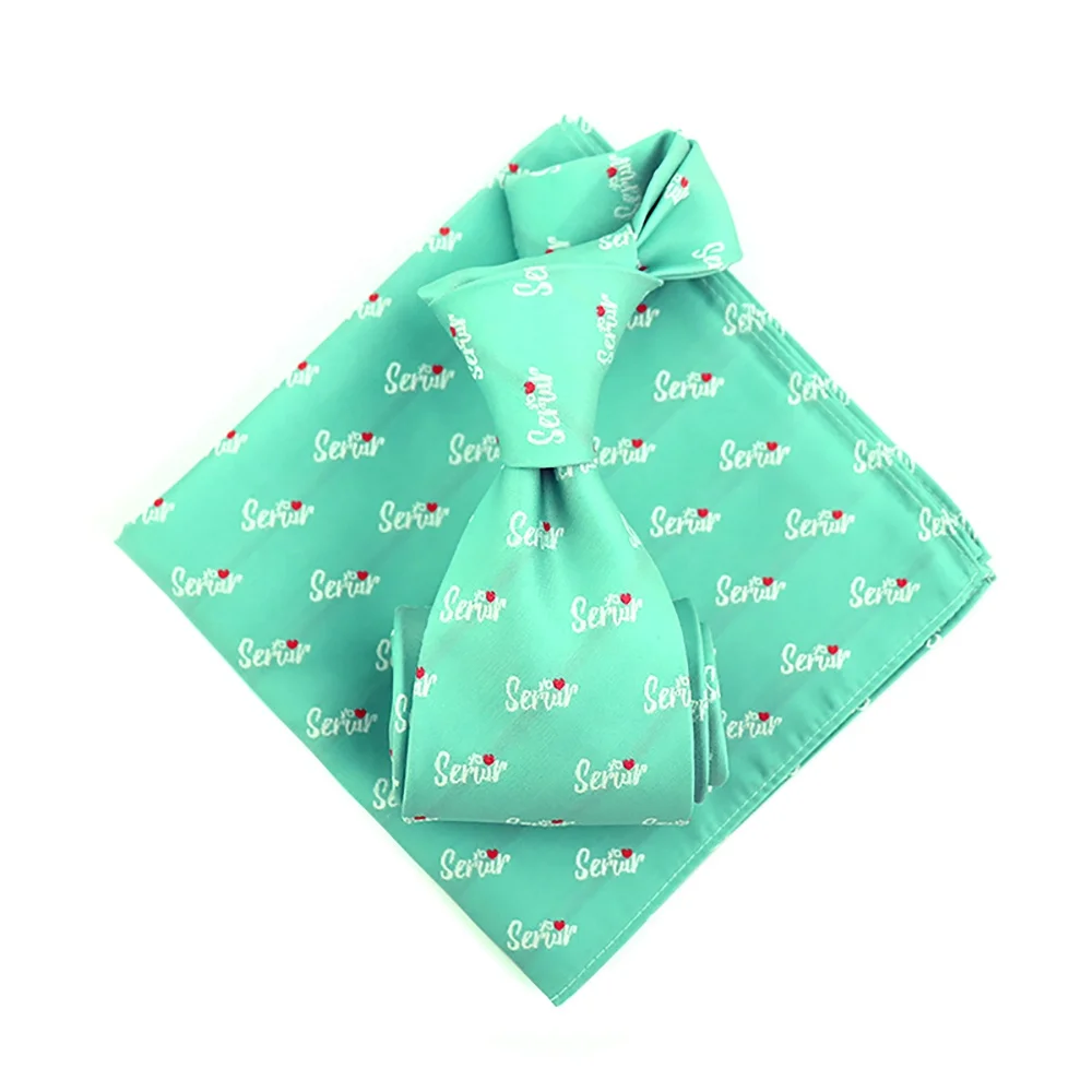 Men Male Fashion Aquamarine Blue Red Heart China Necktie 100% Polyester Custom Jacquard Woven Logo Words Neck Tie Pocket Square