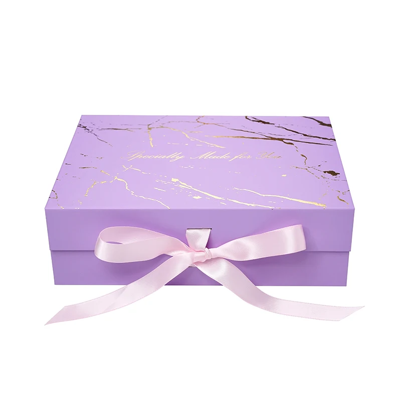Foldable Paper Packaging Custom Purple Rigid Magnetic Bridesmaid Gift Box With Ribbon Wholesale