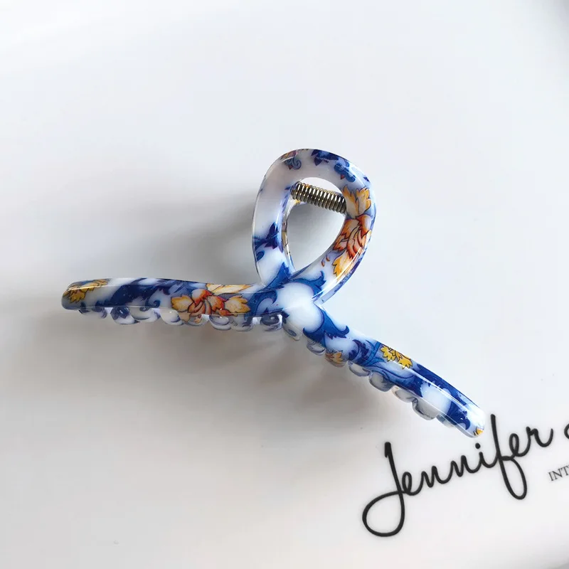 11cm Large Hair Dress Elegant Cross Shape Flower Printed Acrylic Resin White Hair Claw Clip for Girls and Lady