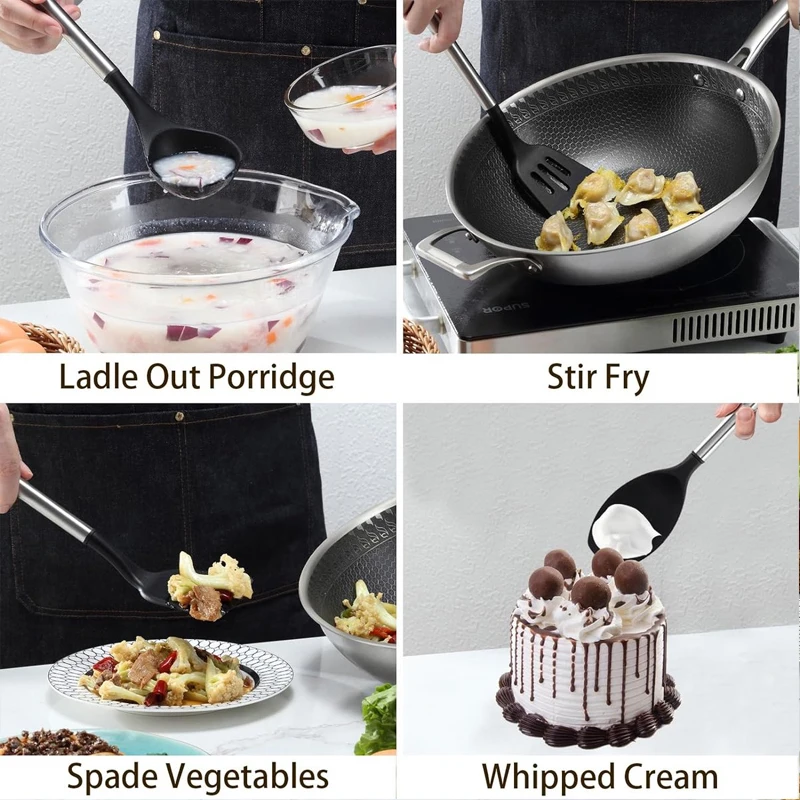 Cookware Food Tong Slotted Spatula Soup Ladle Stainless Steel Silicone Cooking Utensil Non-stick Kitchen Utensil Set with Holder
