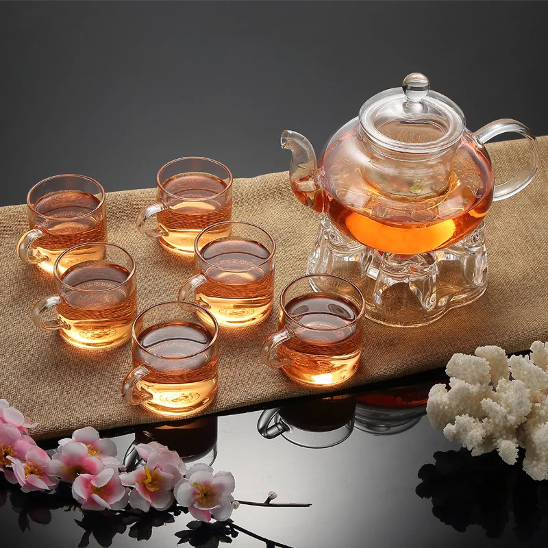 
Borosilicate Gongfu Tea Flowering Glass Teapot Set with 6 cups and pot warmer 