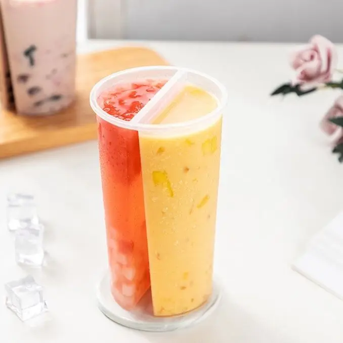 Personalized transparent 700ml 2 compartment pp split cup disposable plastic bubble tea cup