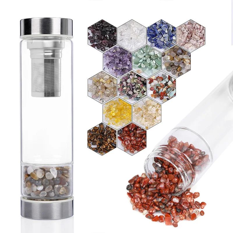 Glass Water Bottle Bamboo Lid Gemstone Water Bottle with crystal inside Natural Crystal Infused Chips