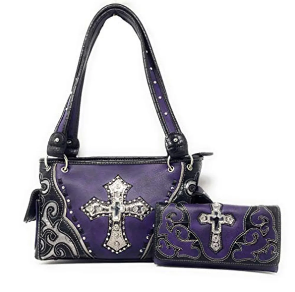Premium Rhinestone Cross Cut Out Western Embroidered Womens Concealed Carry Handbag With Matching Wallet in 5 Colors Low Price
