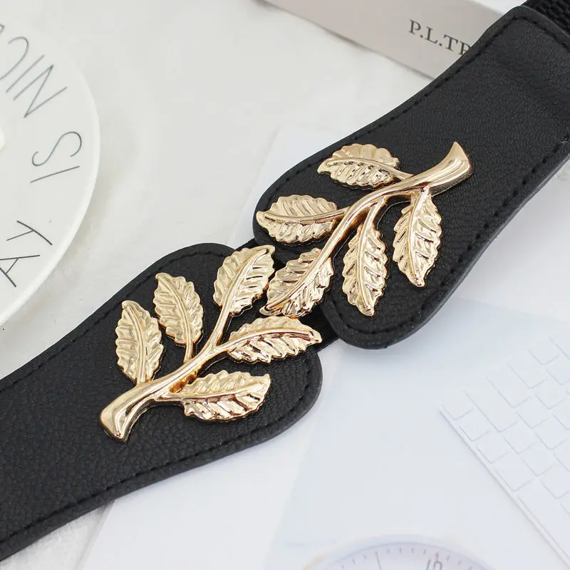 Wholesale Cheap Price Multi Colors Lady Dress Elastic Waist Belt Gold Leaf