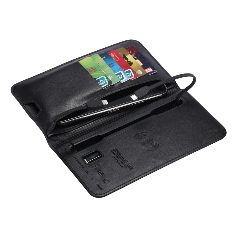 Business style wireless charger leather wallet with power bank and cable