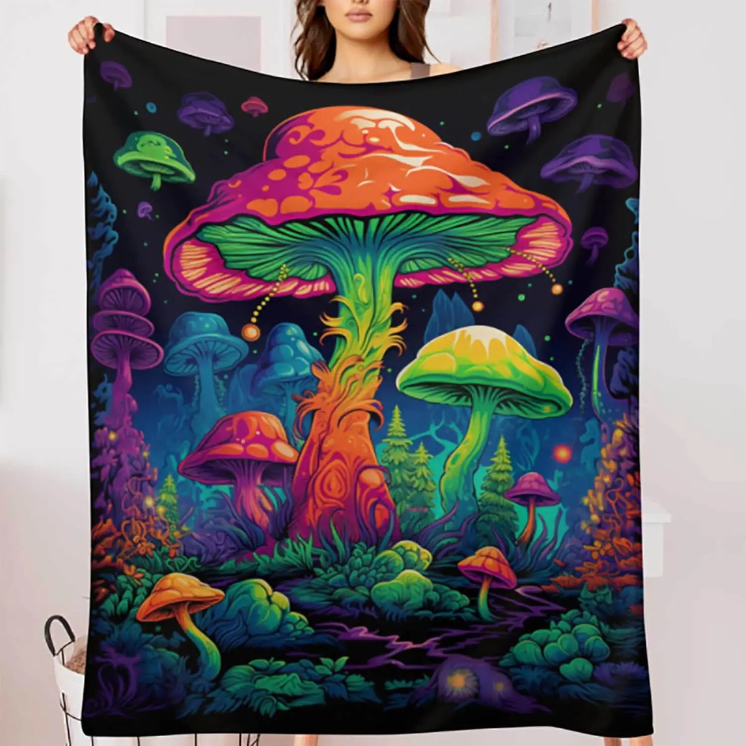 Custom Neon Mushroom in Dark Forest Hippie  flannel fleece Throw Blanket for Sofa Couch
