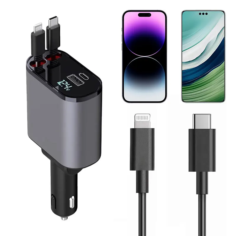 Newest 20W 4 IN 1 USB Type C Cable For IPhone Samsung Fast Charge Cord Cigarette Lighter Adapter Retractable Car Charger