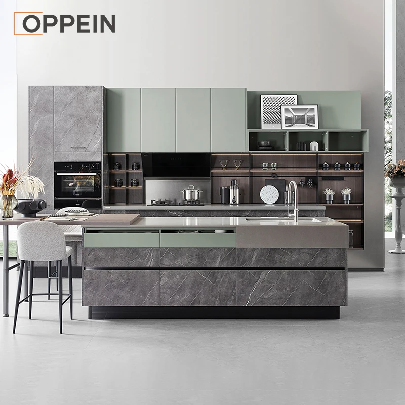 Oppein Modern Design Quartz Countertops Green Lacquer High Glossy Gray Kitchen Island Kitchen Cabinets
