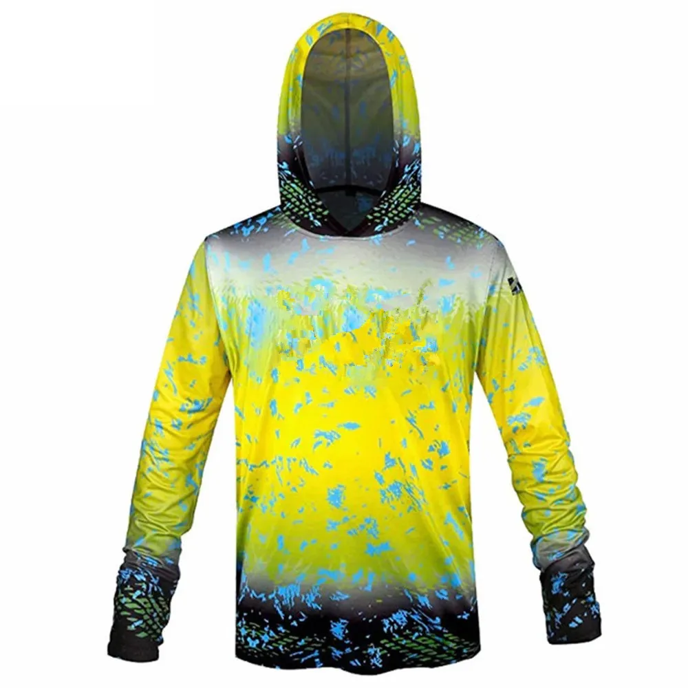 Custom Design Sun protection Polyester Spandex Waterproof Performance UPF50 Long Sleeve Hooded Fishing Shirt for Men