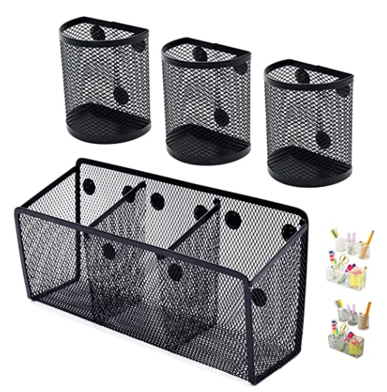 Office Supplies Black Magnetic Pencil Holder (4-pack) - Strong Magnet Wire Mesh Storage Basket Organizer Organizes Pens, Pencils