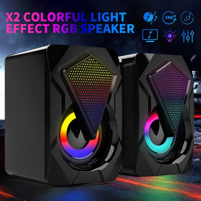 Hot Sales X2 Colorful LED Light RGB PC Speaker Wired USB Power Computer RGB LED Gaming Speaker