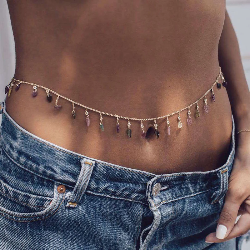 Custom Sexy belly chain New Design Fashion Silver Leaf Pendant Rhinestone flower Body Chain Women Colorful for girl