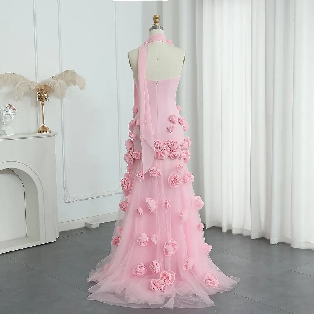 LIANMENG A575 Pink Sleeveless 3D Flower Evening Party Sweet Pink Mermaid Formal Women  Scarf  Evening Dresses