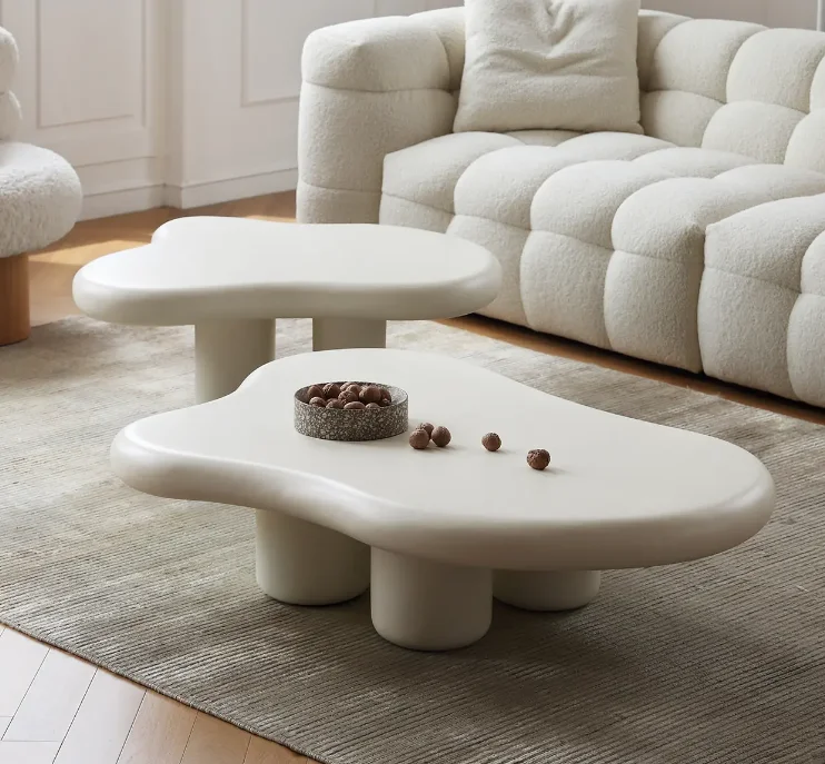 Modern creative home coffee table set cream white wavy fiberglass center table design for living room