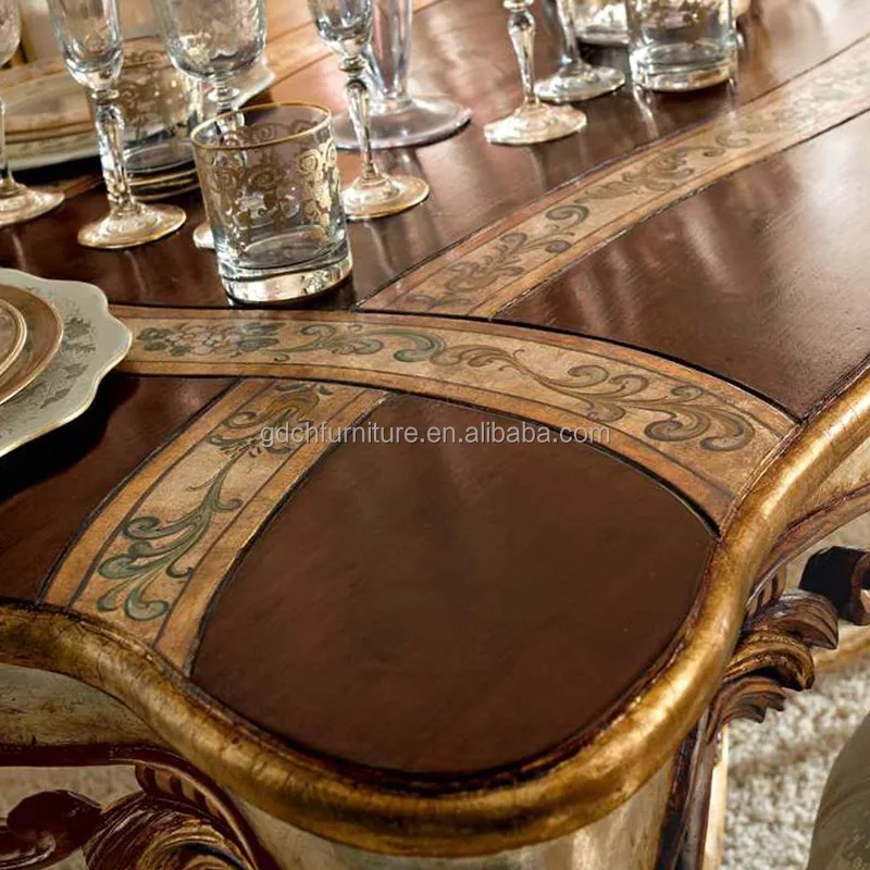 Customized luxury French Royal solid wood hand carved colored drawing long dining table set with 8 chair