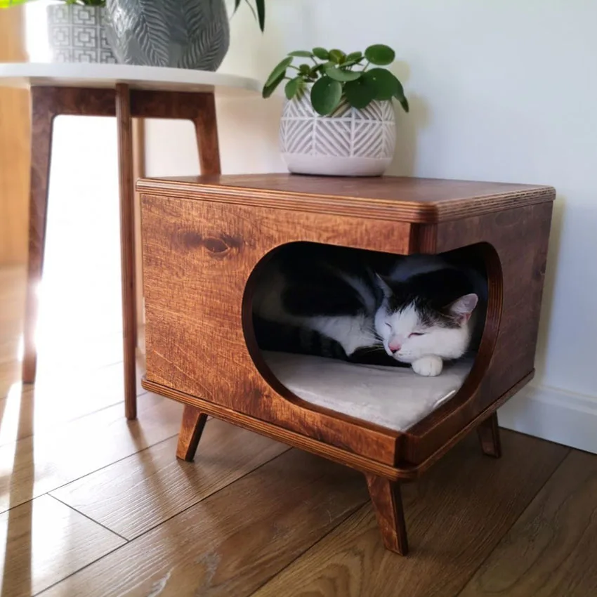 Pet Furniture Side Table Wood Cat House Cozy Wooden Cat Bed House Rustical Box