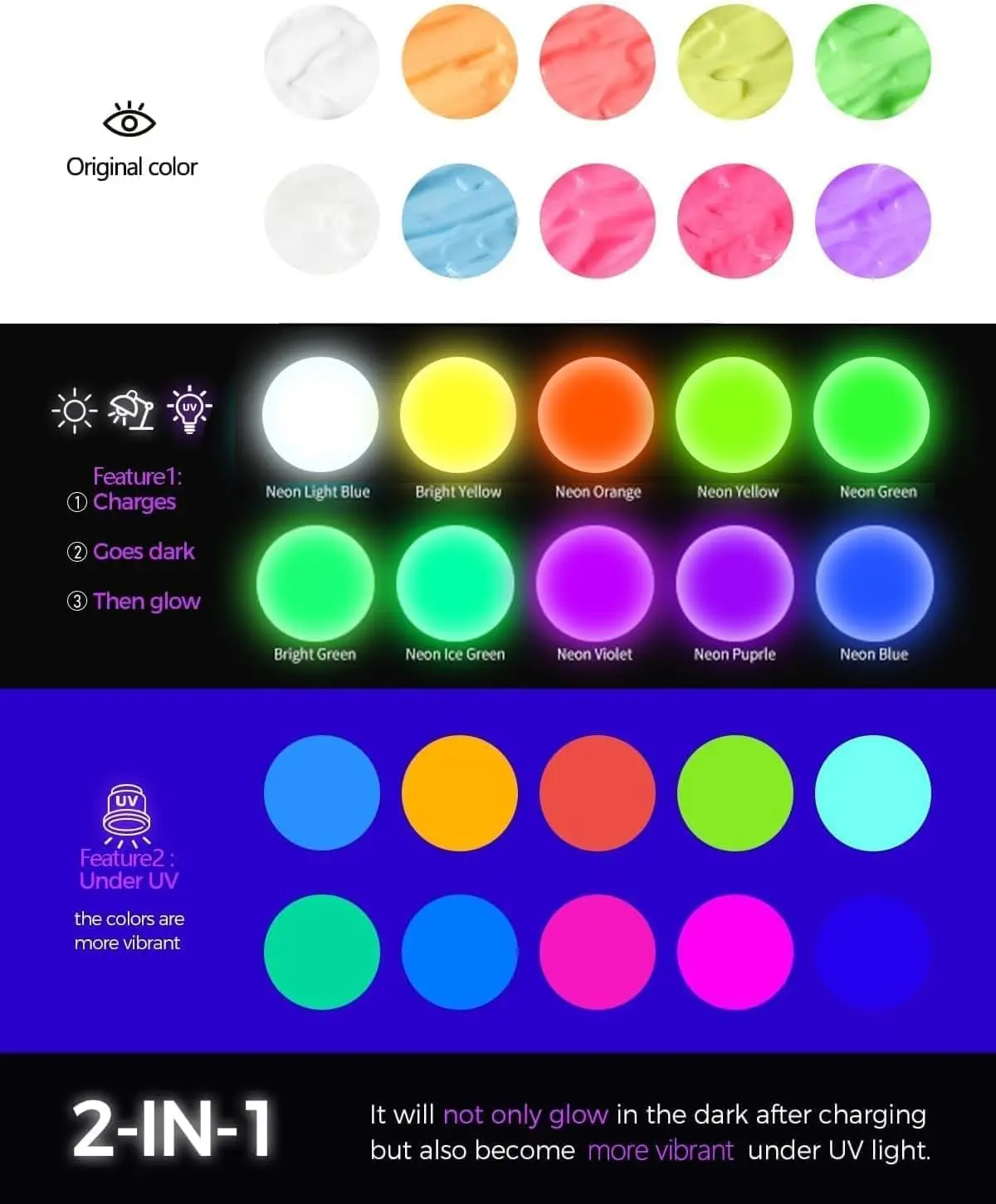 Glow in The Dark 60ml /2oz Charge-Glow UV Activated For Outdoor DIY Craft Holiday Decor Christmas Kids Neo Acrylic Paints Set