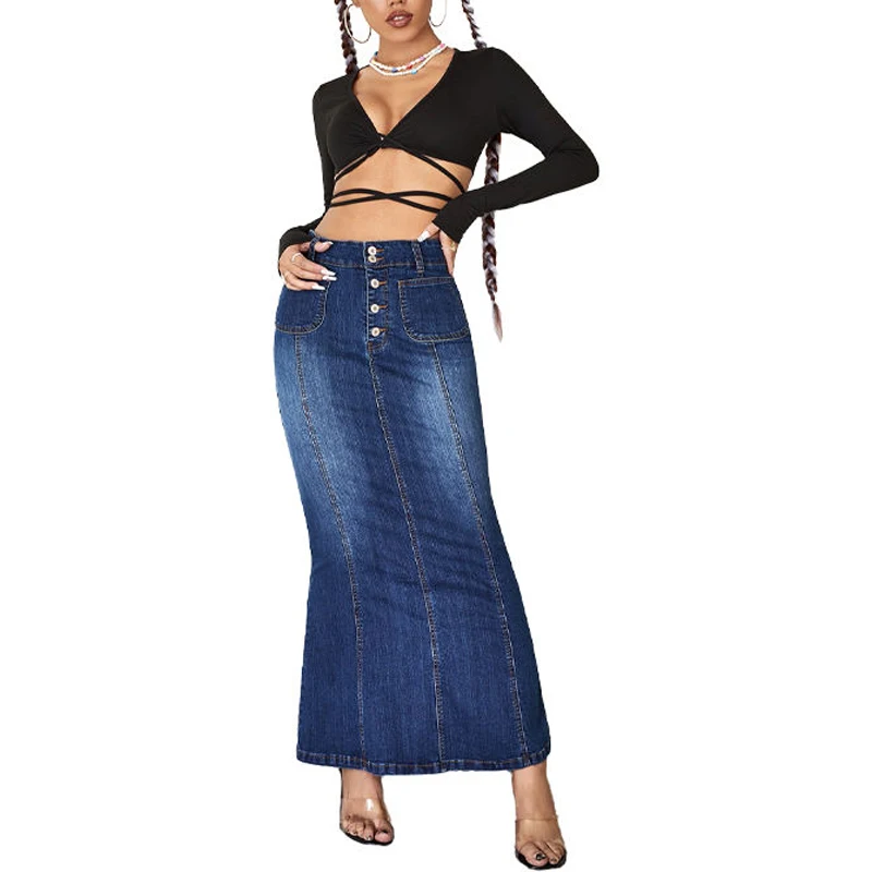 Manufacturer Wholesale Fashion Women Vintage Long Casual High Waist Washed Denim A-Line Denim Maxi For Ladies Jean Skirts