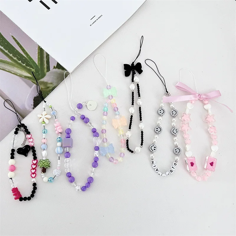 Trendy Colorful Handmade Beaded Phone Chain Love Pendant for Girls Phone Case Decoration