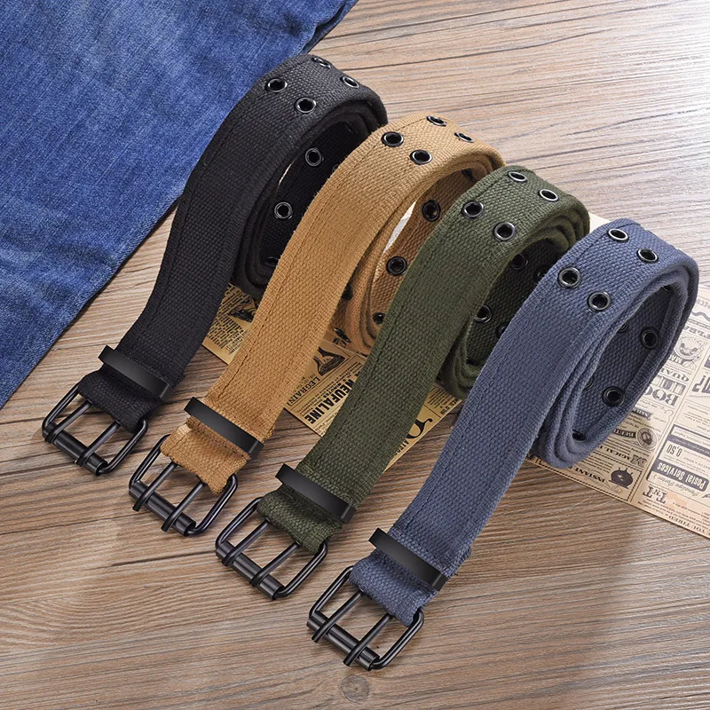 Double Iron Pins Men Webbing Belt Personalized Fabric Belt for Jeans