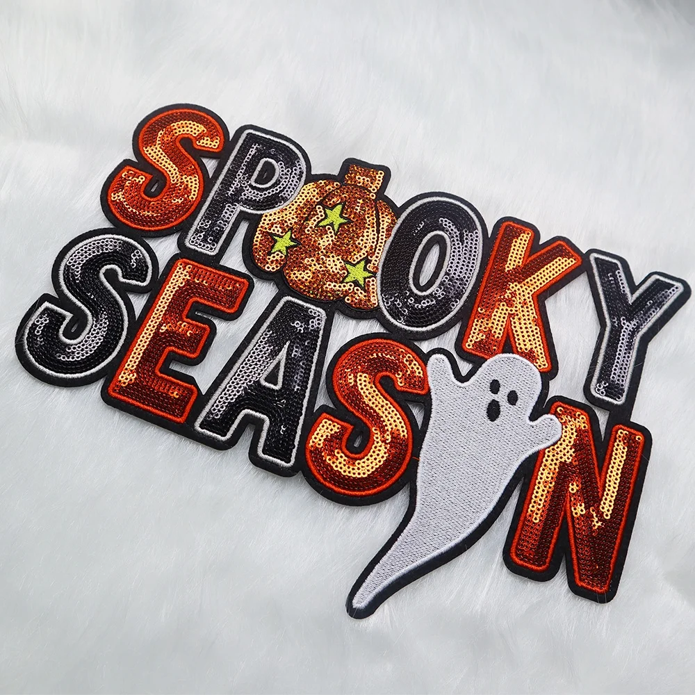 Wholesale Custom Sequin Boo Patches Iron On Halloween Sequin Patches Glitter Embroidery Letter For Clothing