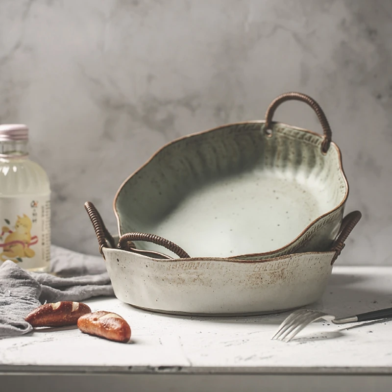 Retro Japanese Ceramic Soup Bowl Breakfast Dessert Fruit Bread Dim Sum Salad Mixing Bowls With Rope Handle Restaurant Tableware
